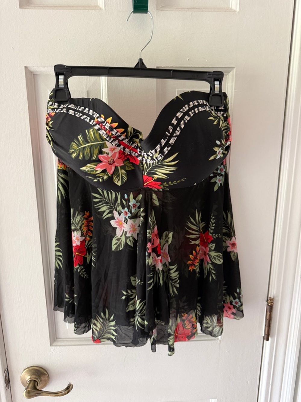 Black Floral Bandeau Tankini Topwith Tropical Print